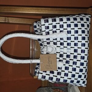 White and Blue Woven Tote Bag